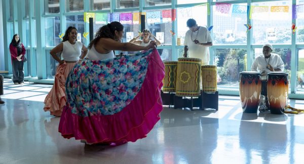 President Anthony Cruz, staff, faculty, and students enjoy the sounds of the drums with the Panadanza dancers for the Kick off Hispanic Heritage Month celebration. Sept 16, 2025.