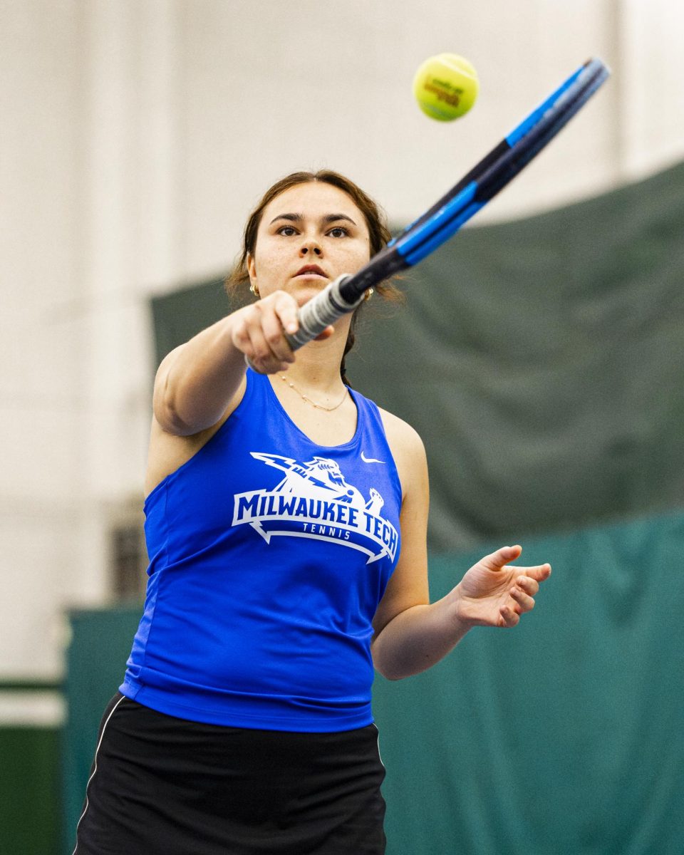 Freshman Alexandra Suchanek rallies a ball back to Waubonsee Community College in doubles on September 20, 2025.