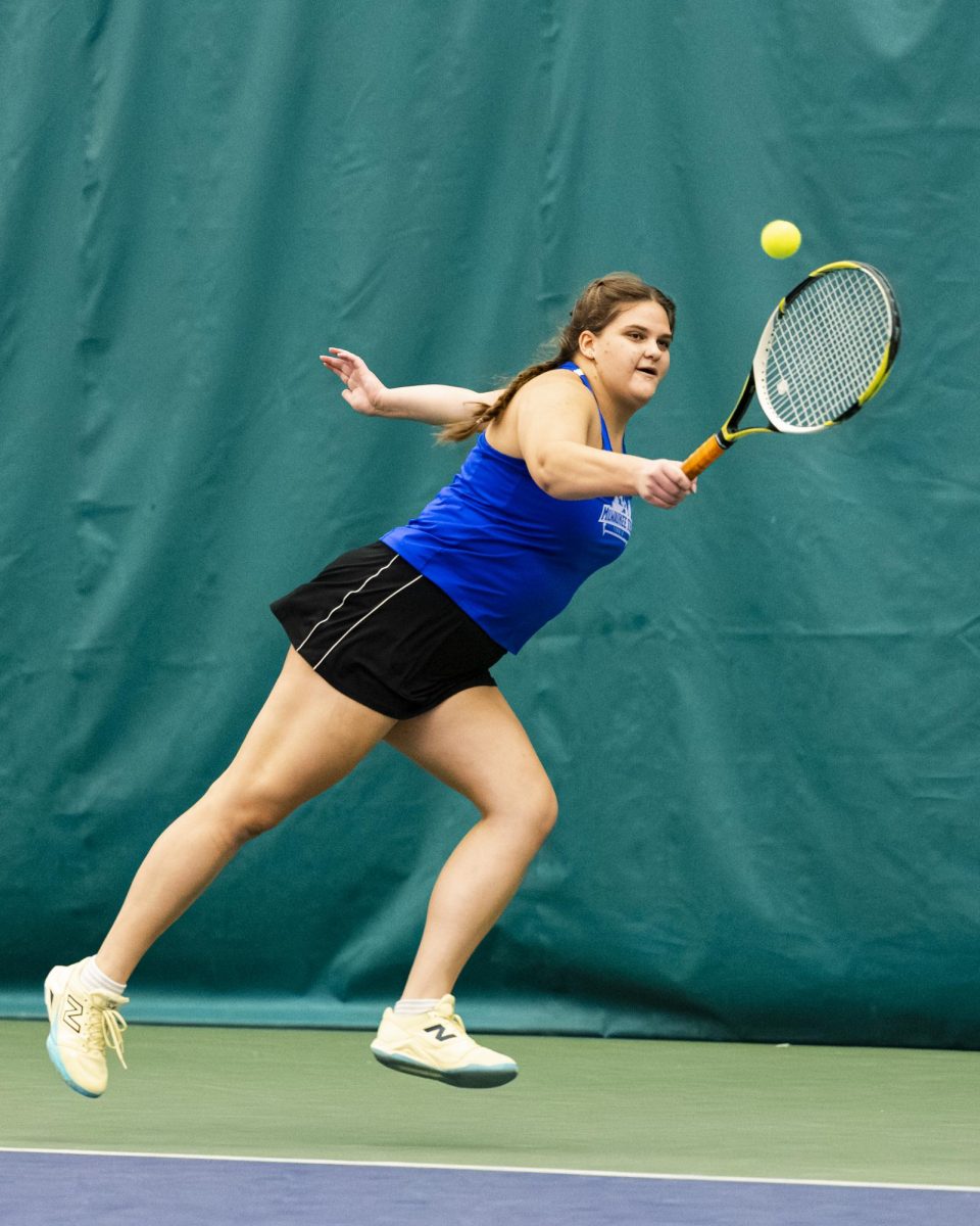 Sophomore Aisha Kaabachi saves a point from Waubonsee Community College in doubles on September 20, 2025. 
