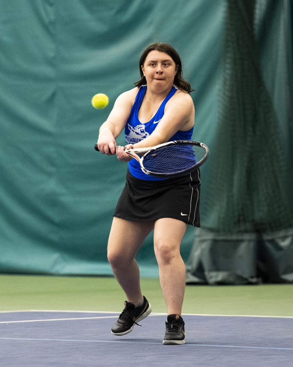 Freshman Natalie Schroeder rallies back a ball to Waubonsee Community College in doubles on September 20, 2025.