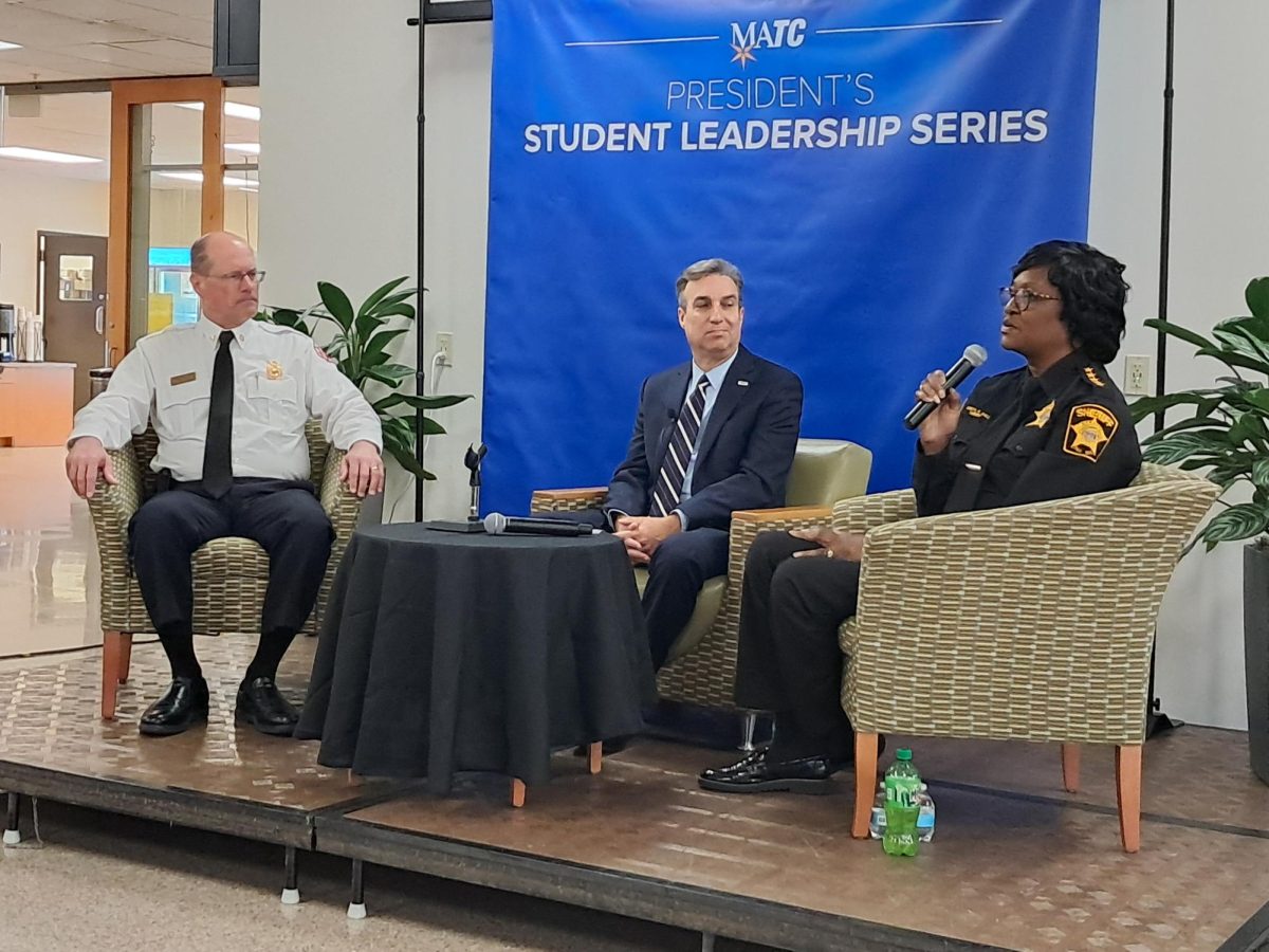 (left) Milwaukee Fire Department Chief Aaron Lipski and (right) Milwaukee County Sheriff Dr. Denita R. Ball spoke to MATC students and staff at the President's Student Leadership Series event at MATC's Oak Creek Campus on October 8. MATC President Dr. Anthony Cruz (center) hosted the event. 