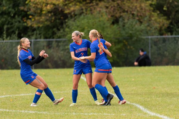 Stormers women’s soccer team celebrates after a goal against Madison College on October 22. 