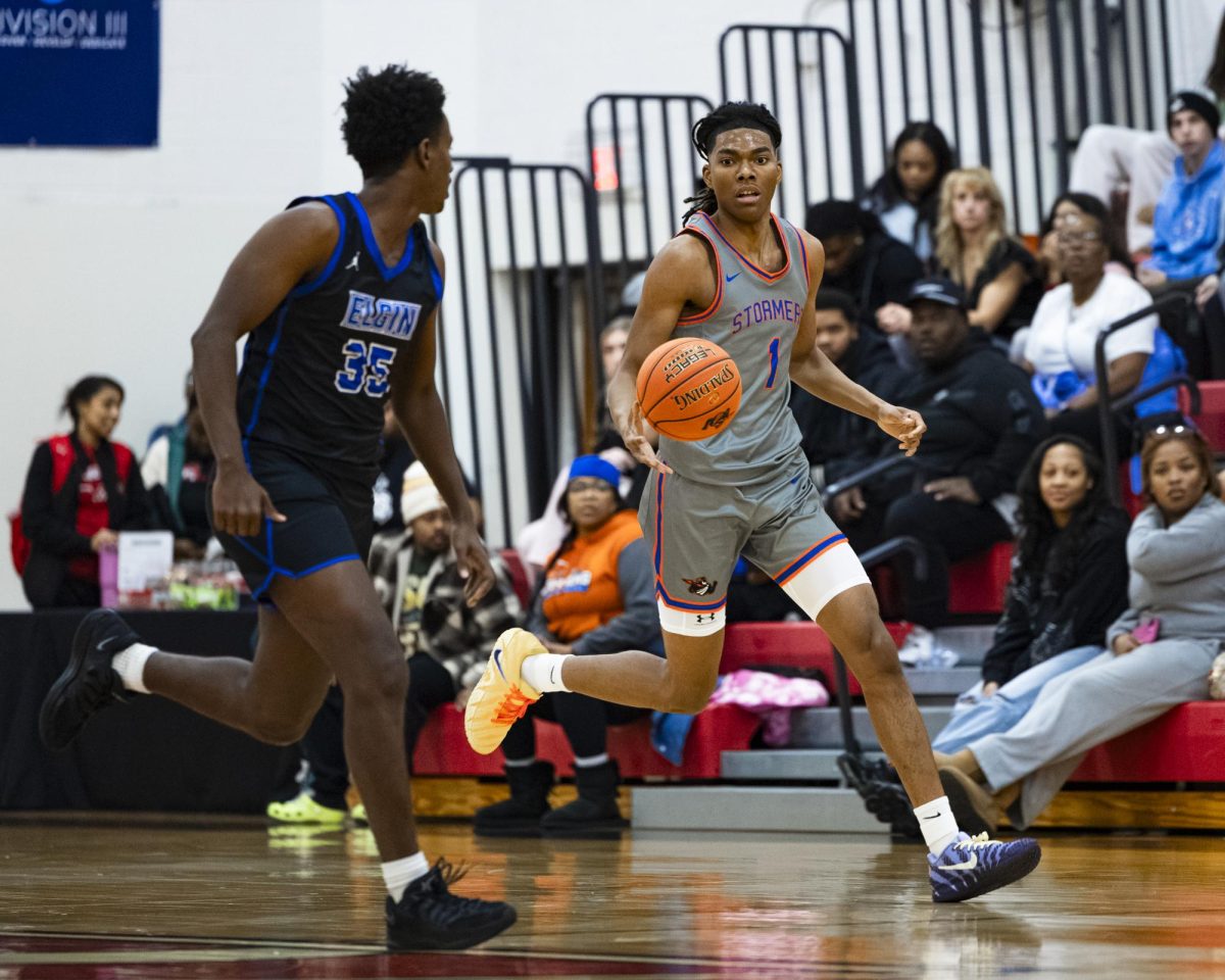 Sophomore guard Jordan Jones takes the ball up the floor for the Stormers in the home opener win (131-76) against Elgin Community College on November 13, 2025. 