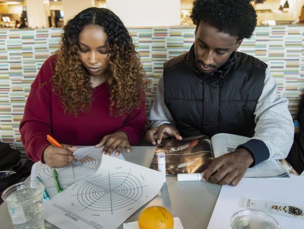 Students participate in creating vision boards with guidance from MATC Retention Coach, Samatha Burgos as part of a Creative Space Mindfulness event at the Downtown Campus in the Fall 2025 semester.