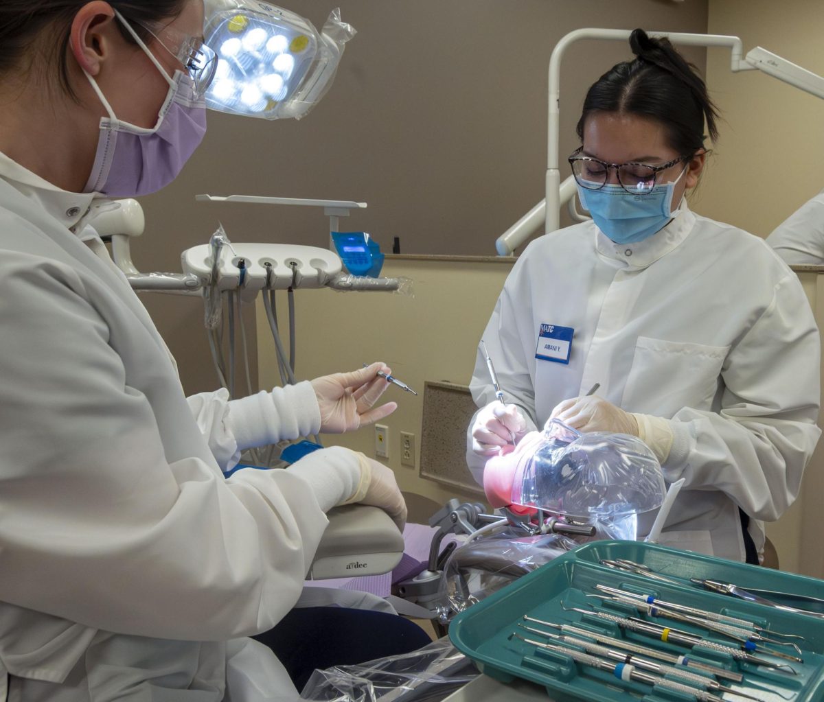 Students concentrate on a practice dummy that would be a live patient in their future career. 