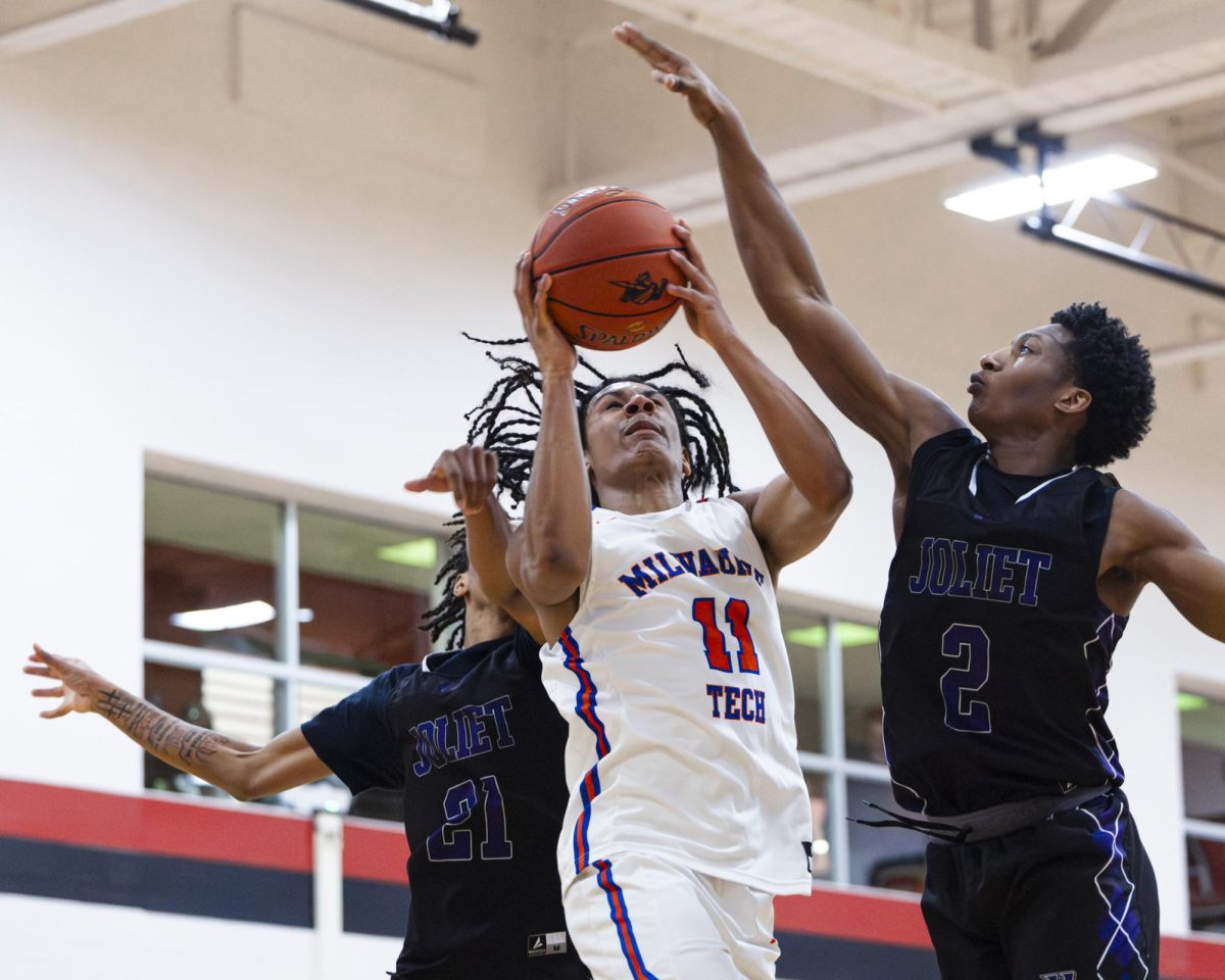 Sophomore Sterling Hoarde finishes through contact for his layup against two defenders for the Stormers in a win over Joliet Junior College 113-93 on Thursday February 5, 2026.