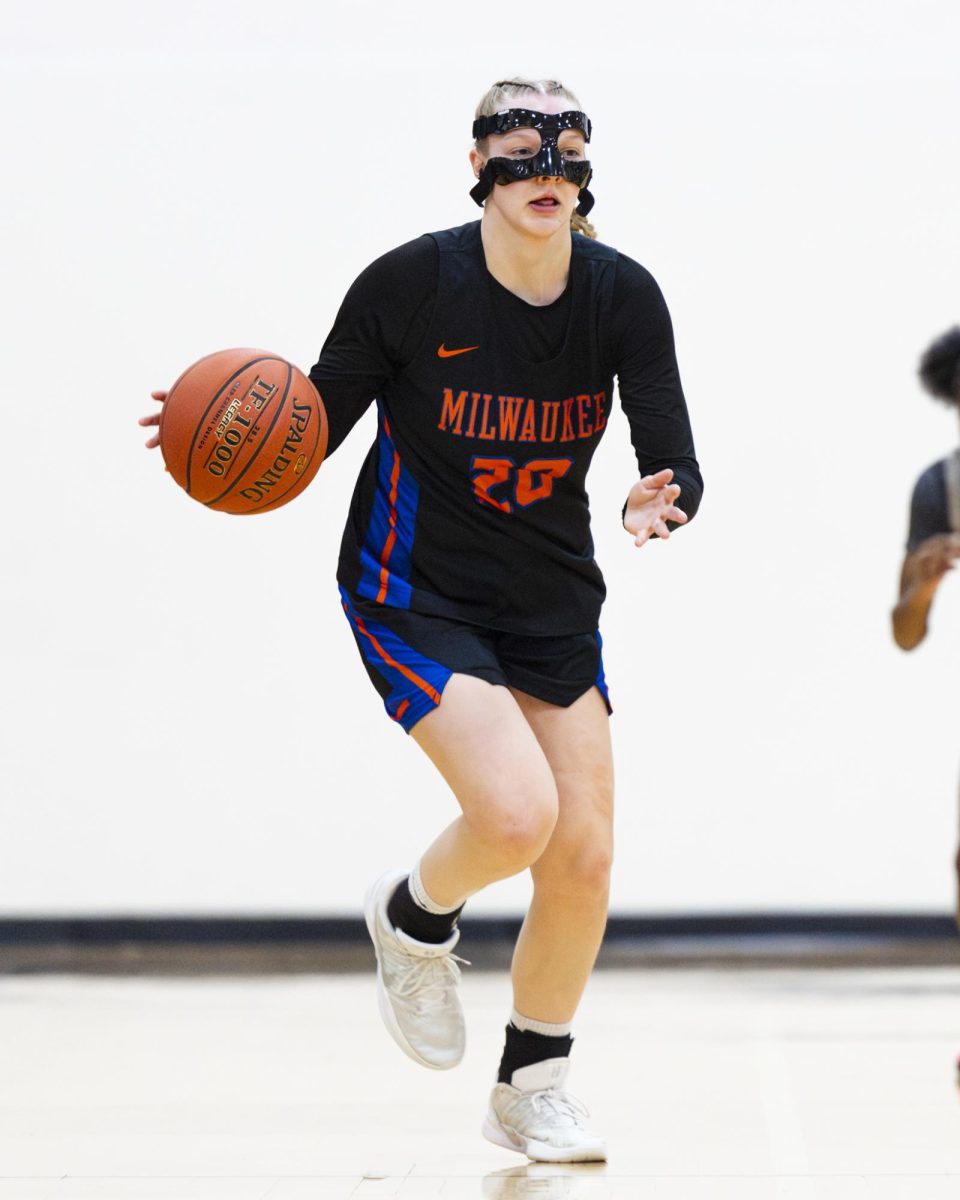 Sophomore Rachel Schlies takes the ball up the floor for the Stormers in a win over Joliet Junior College 76-72 on Thursday February 5, 2026.