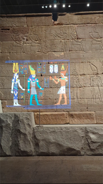 It is believed that colors – like those projected on this photo at the Met in NYC – likely decorated the temple of Dendur when it was built 2,000 years ago, but have since eroded away.  