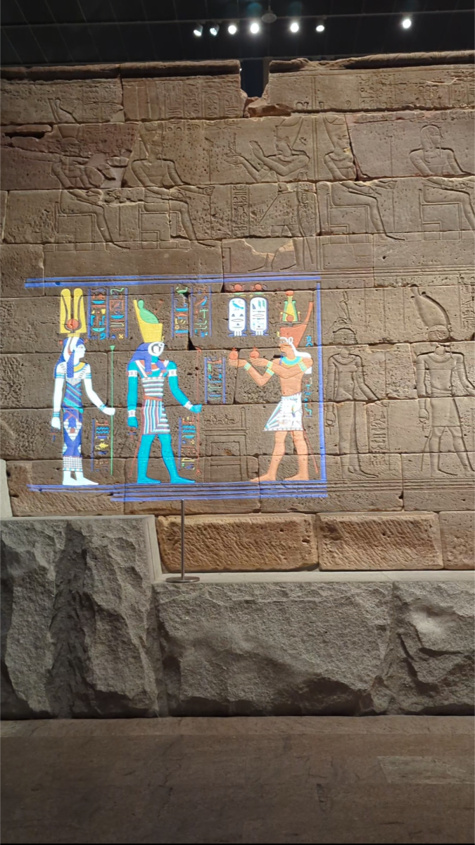 It is believed that colors – like those projected on this photo at the Met in NYC – likely decorated the temple of Dendur when it was built 2,000 years ago, but have since eroded away.