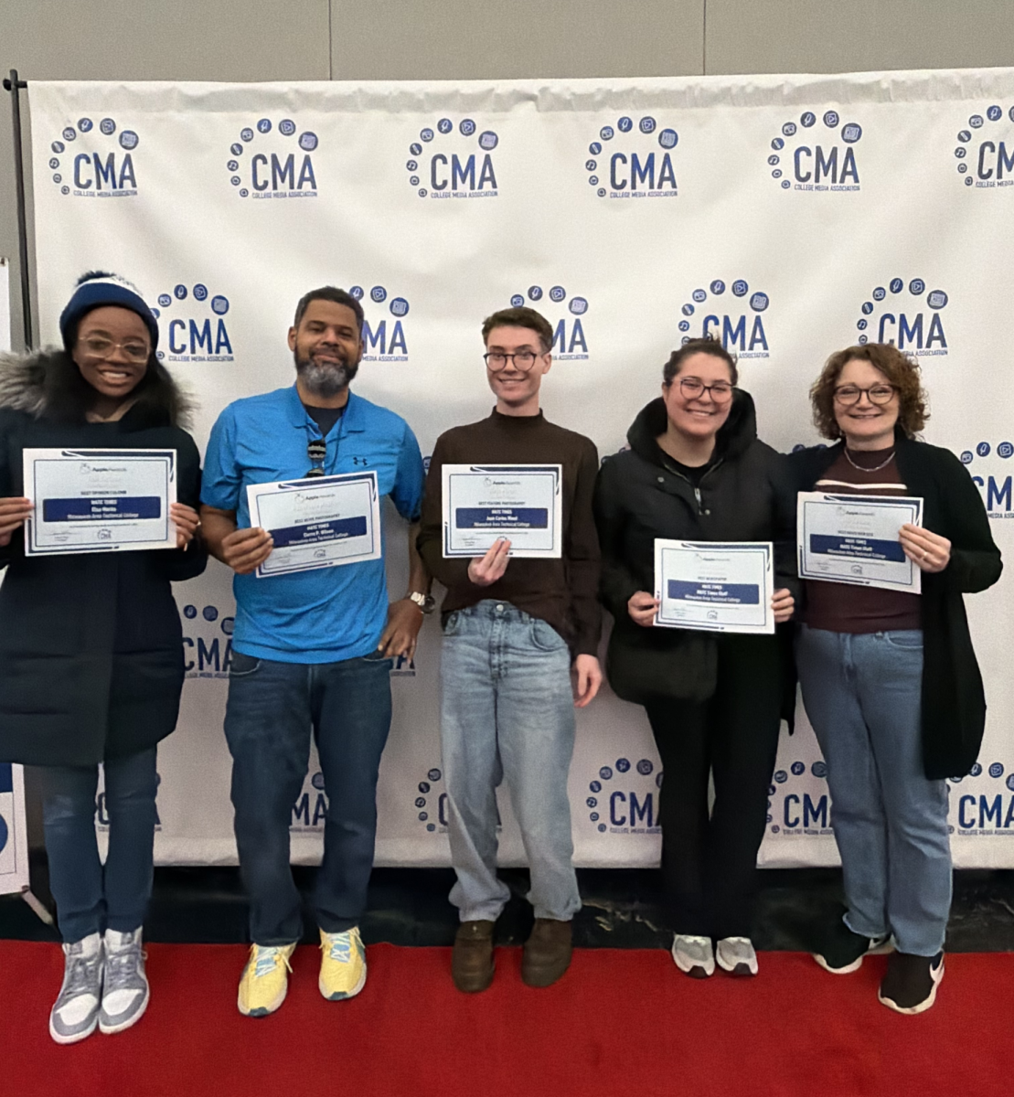 (From left to right): MATC Times Sports Editor Crystal Williams, Photography Editor Dwight Williamson, News Editor Connor Servais, Photographer Emma Guzman, and Times Advisor Barb Volbrecht pose with five national awards staff members won at the College Media Association Convention in NYC. The staff was rushing to catch its ride to the airport and took a moment to pose for this phone photo taken by a conference attendee.  