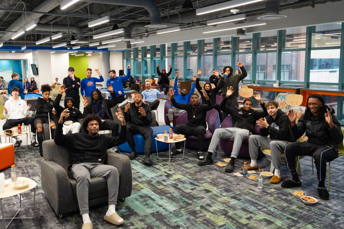 The Stormer’s men’s basketball team reacts after learning their #3 seed in the 2026 NJCAA (National Junior College Athletic Association) Tournament in the Third Floor Lounge in the S Building. 