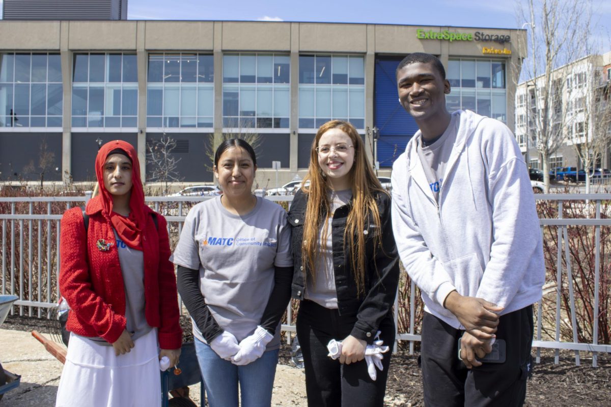 MATC Peer Mentor Soukaina Haddad poses with a group of mentees during the Campus Clean Up event, April 20, 2026