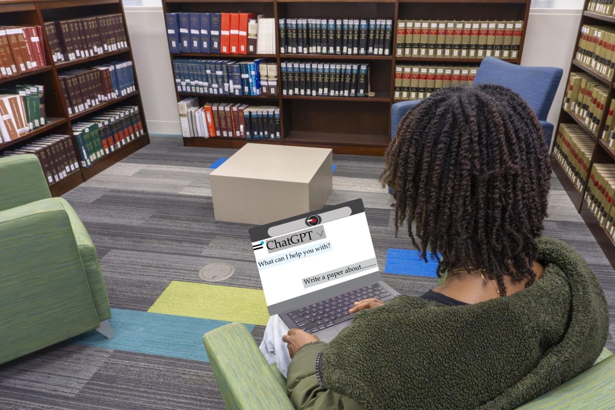 This photo depicts a student using AI to write a paper. The AI graphic was created by Kenya Johnson.