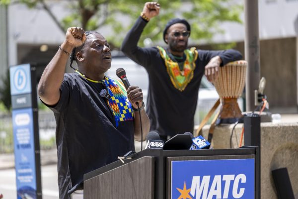 Kwabena Antoine Nixon gives a keynote speech at the MATC 2026 Juneteenth flag raising ceremony