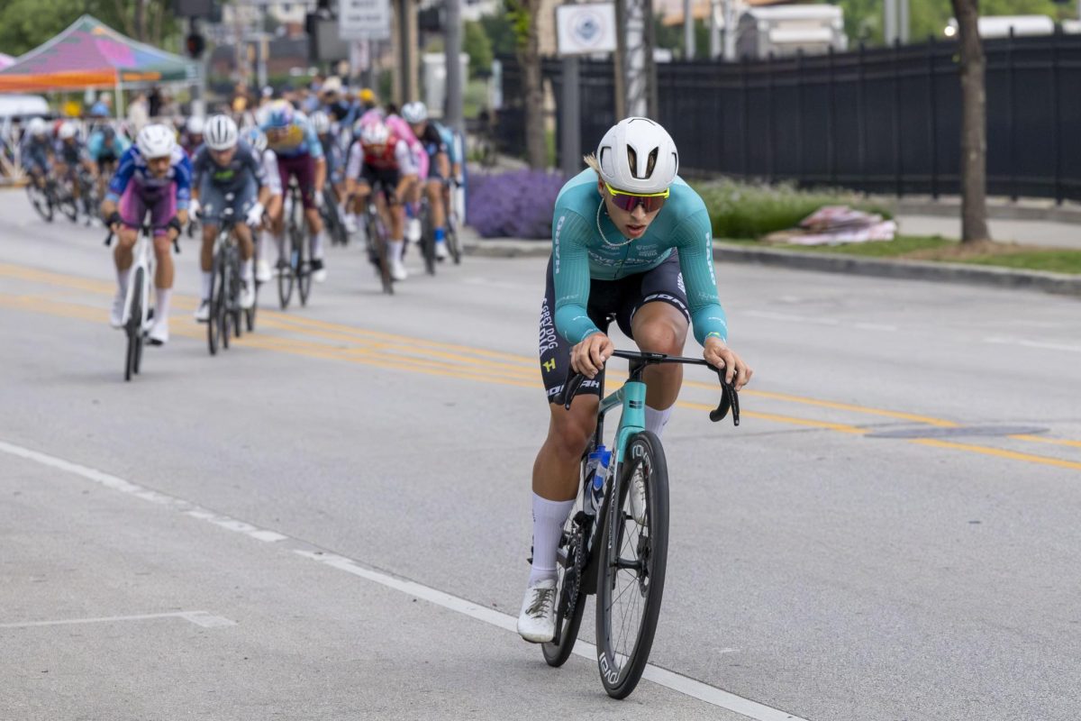 Rider leads that pack out of the final turn on the road course in downtown Wauwatosa 
